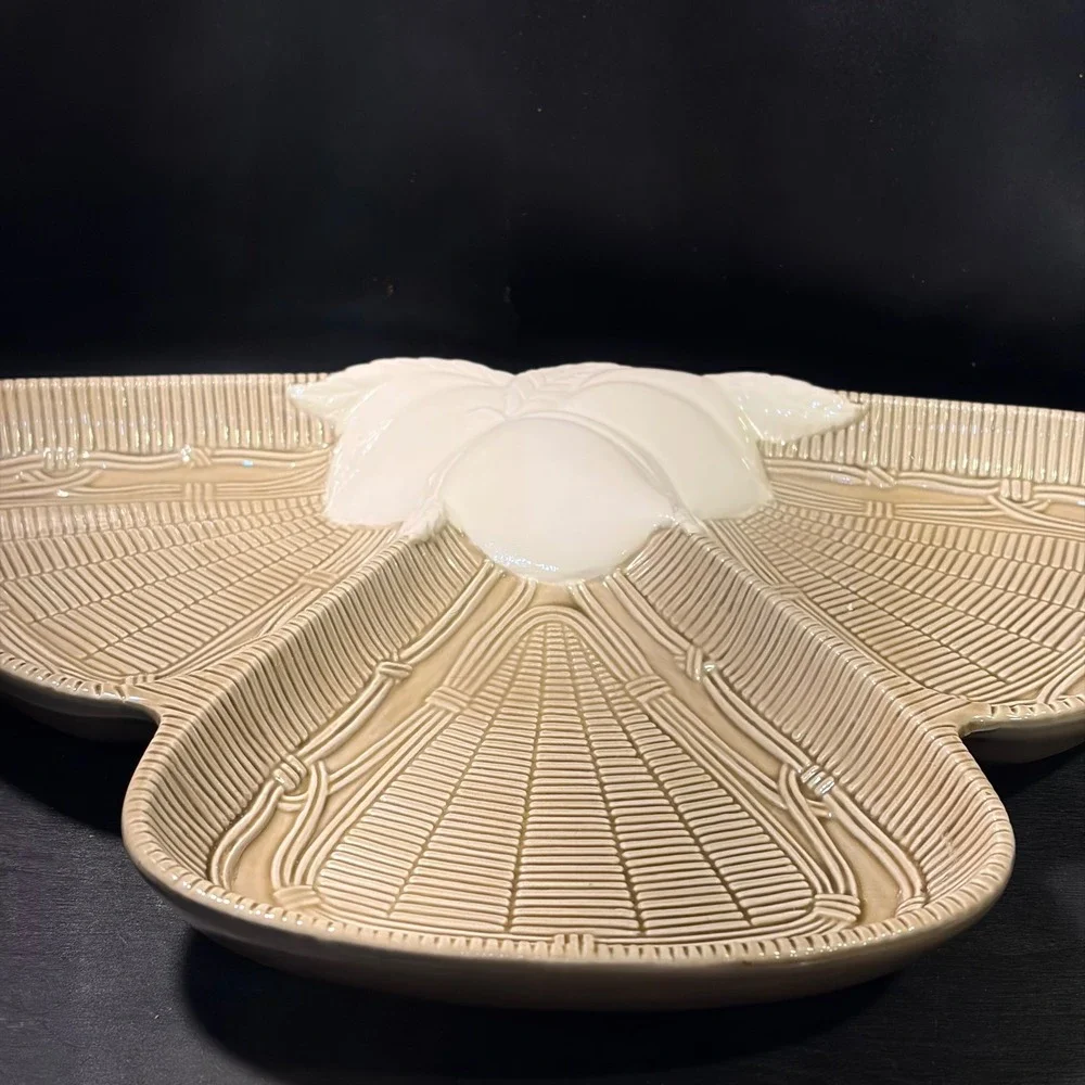 Vintage Georges Briard Ceramic Divided Serving Dish White Peaches Basketweave